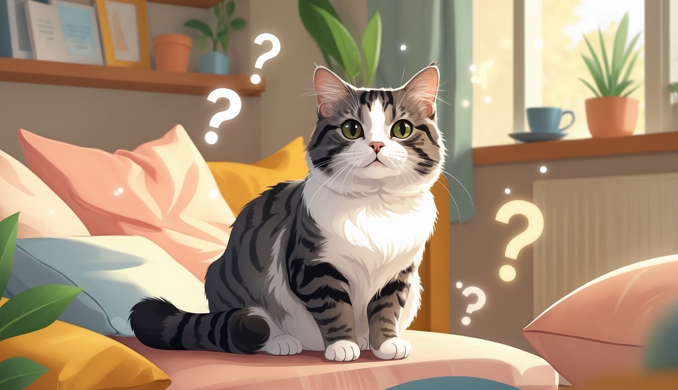 A Scottish Fold cat with folded ears sitting calmly in a cozy room surrounded by subtle question marks and glowing light bulbs.