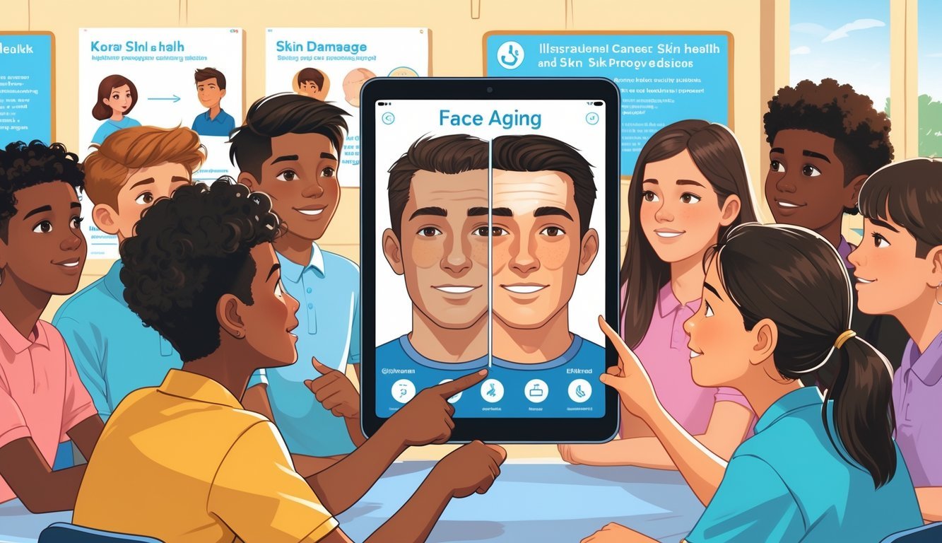 A group of teenagers looking at a digital device showing an app that ages their faces to demonstrate sun damage and skin cancer prevention.
