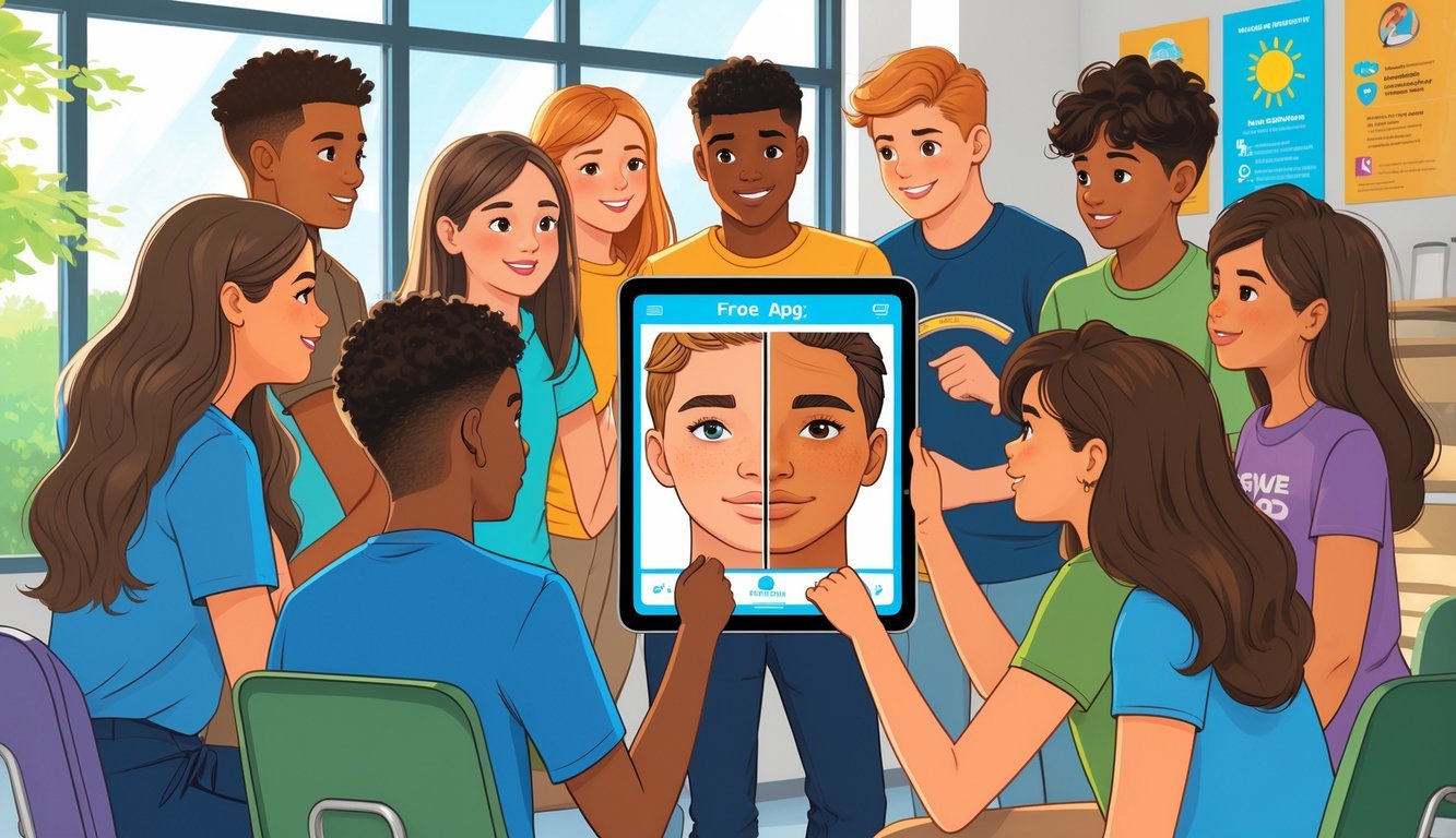 Teenagers looking at a digital tablet showing a face aging app that compares healthy skin with sun-damaged skin to learn about sun safety.