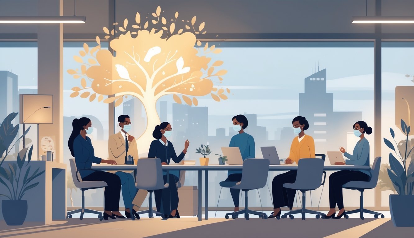 A group of grief professionals in an office discussing changes in bereavement during COVID-19, with symbolic imagery of a glowing tree representing emotions and a cityscape visible through a window.