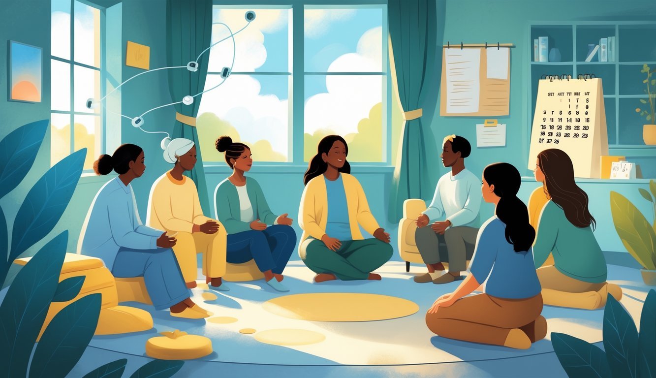 A grief counselor supports a diverse group of people seated in a circle in a calm room, with symbols of change and hope visible through a window and around them.