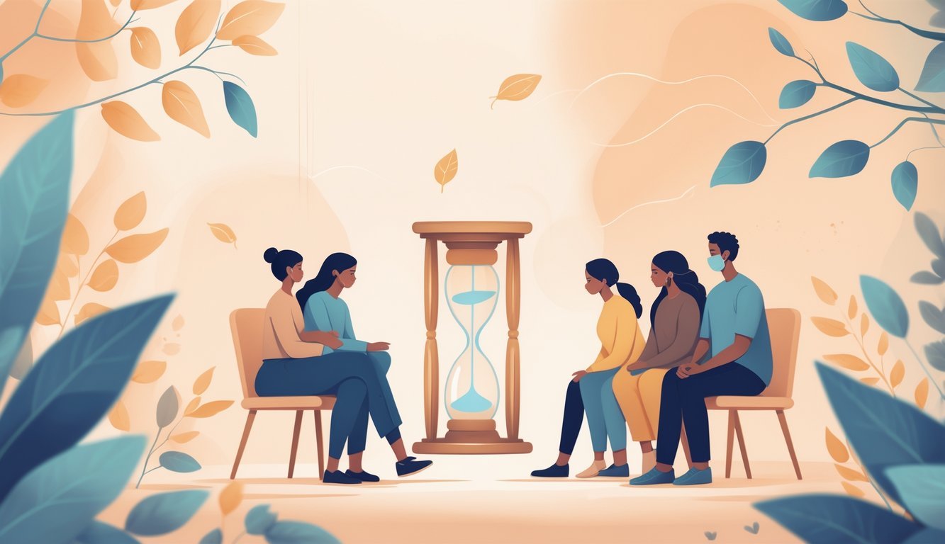 A grief counselor supports a diverse group of people in a calm therapy room with symbols representing loss and the impact of the COVID-19 pandemic.