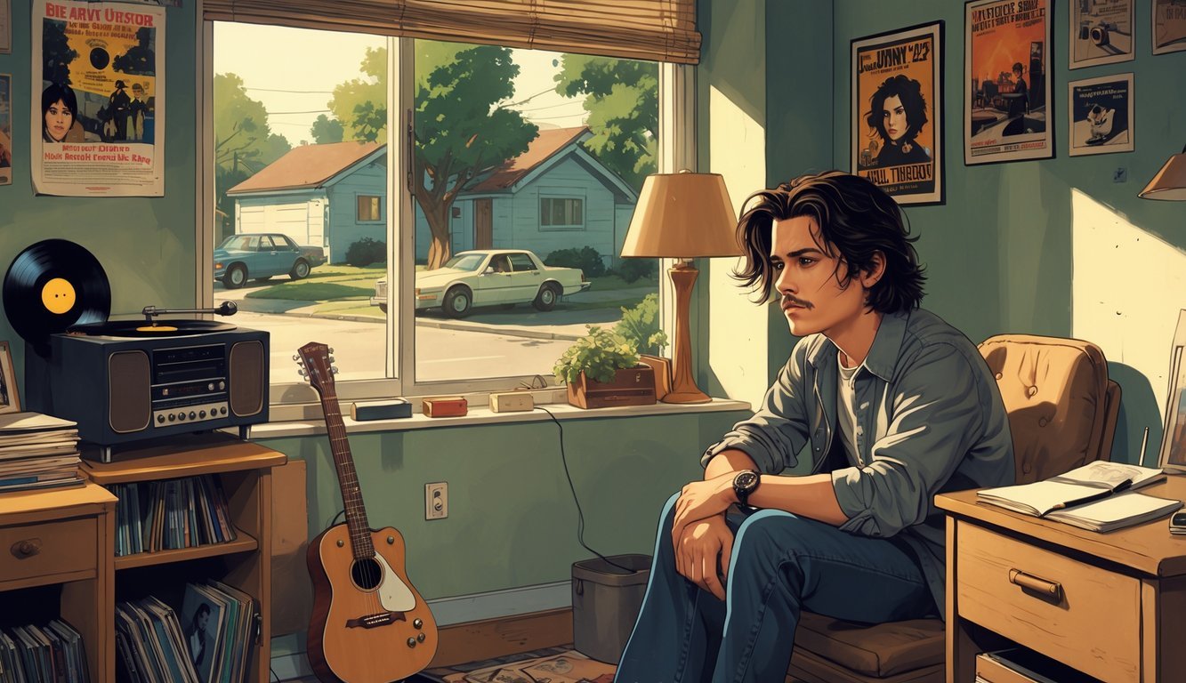 A teenage boy sitting in a bedroom with music posters, a guitar, and vintage decor, looking thoughtful.