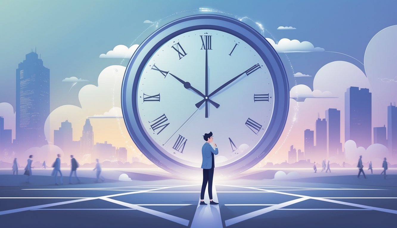 A person standing at a crossroads looking anxious with a large clock in the background showing time running out, surrounded by dreamlike clouds and blurred city shapes.