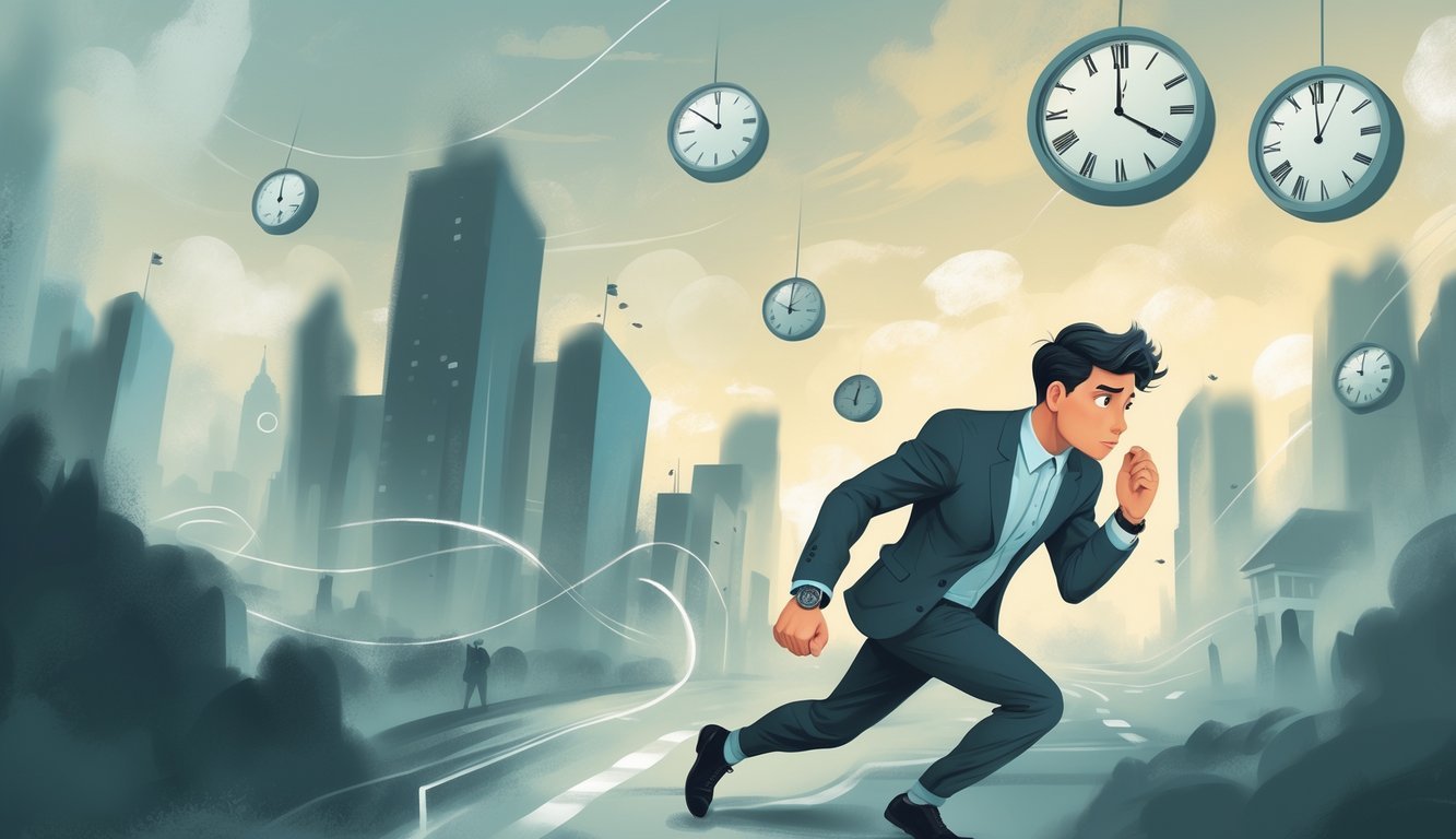 A worried person in business clothes rushing through a dreamlike city with floating clocks and twisting paths, showing anxiety about being late.