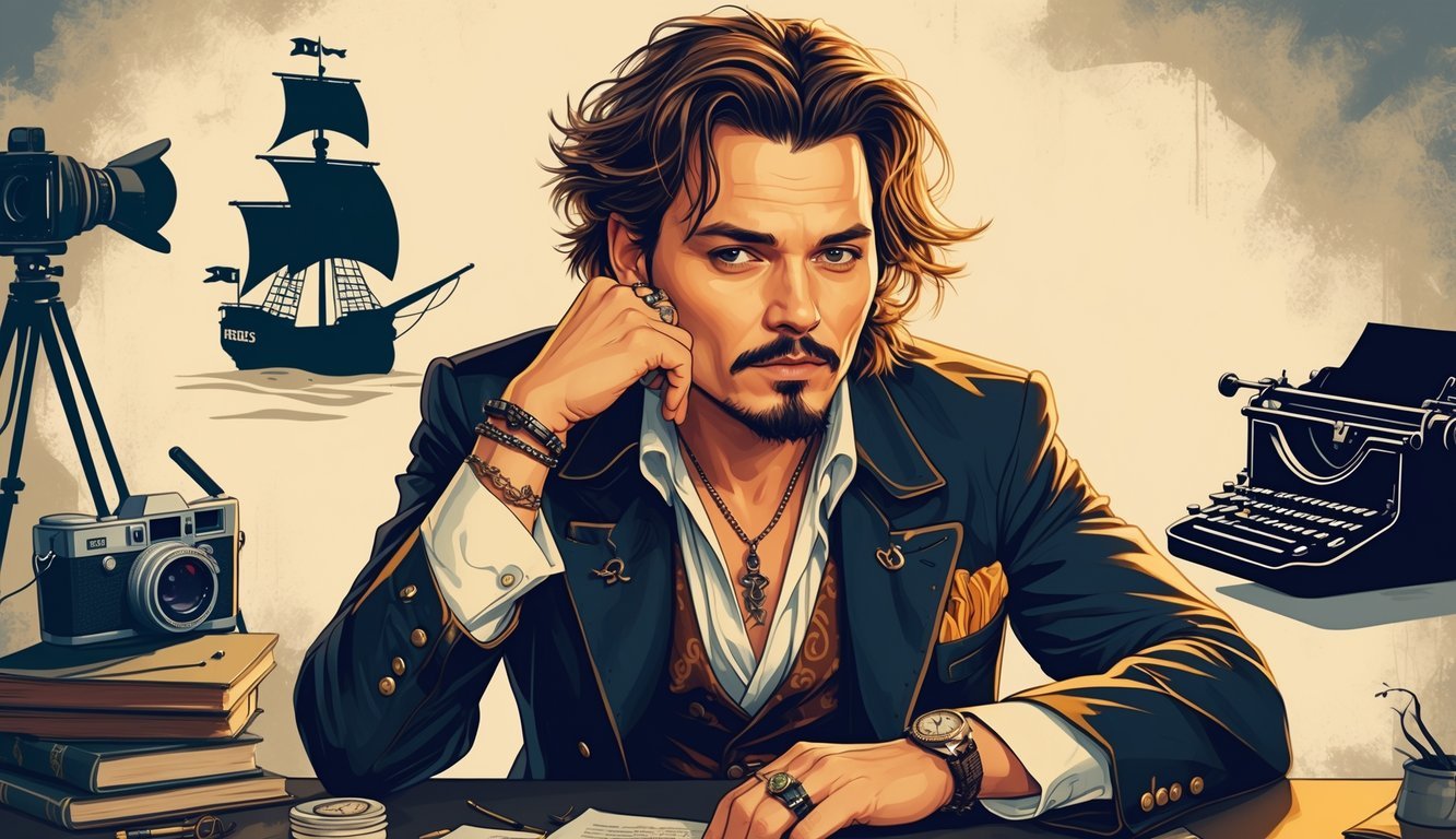 A portrait of Johnny Depp with symbols of his acting career, including a film camera and a pirate ship, set against a warm background.