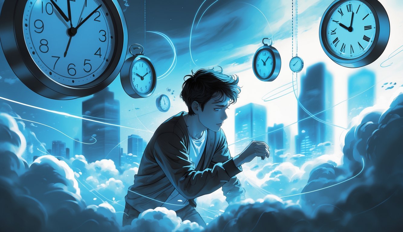 A person looking anxiously at a clock in a dreamlike scene with floating clocks and a blurred city background.