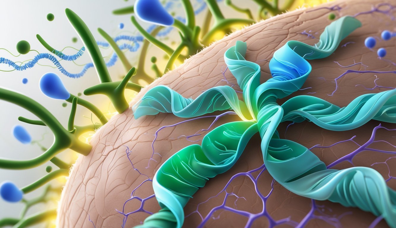 Close-up view of a human scalp showing hair follicles with new microRNA molecules interacting to promote hair regeneration.