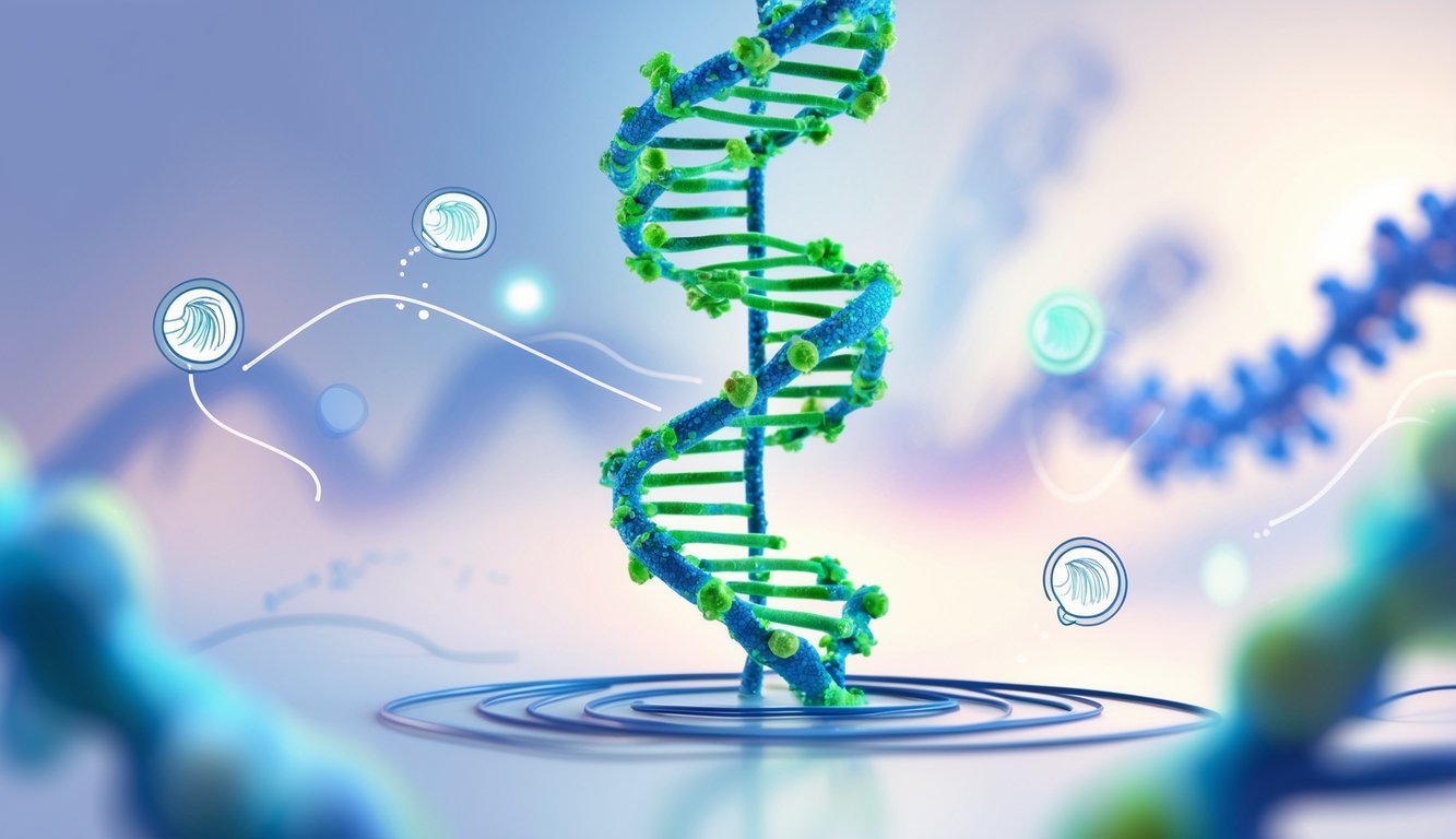 An illustration showing a microRNA molecule near hair follicles, symbolizing hair regeneration.