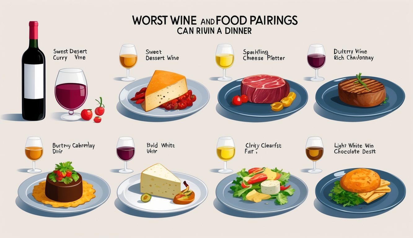 Seven different scenes showing mismatched wine and food pairings that would ruin a dinner, each with a glass or bottle of wine next to an incompatible dish.