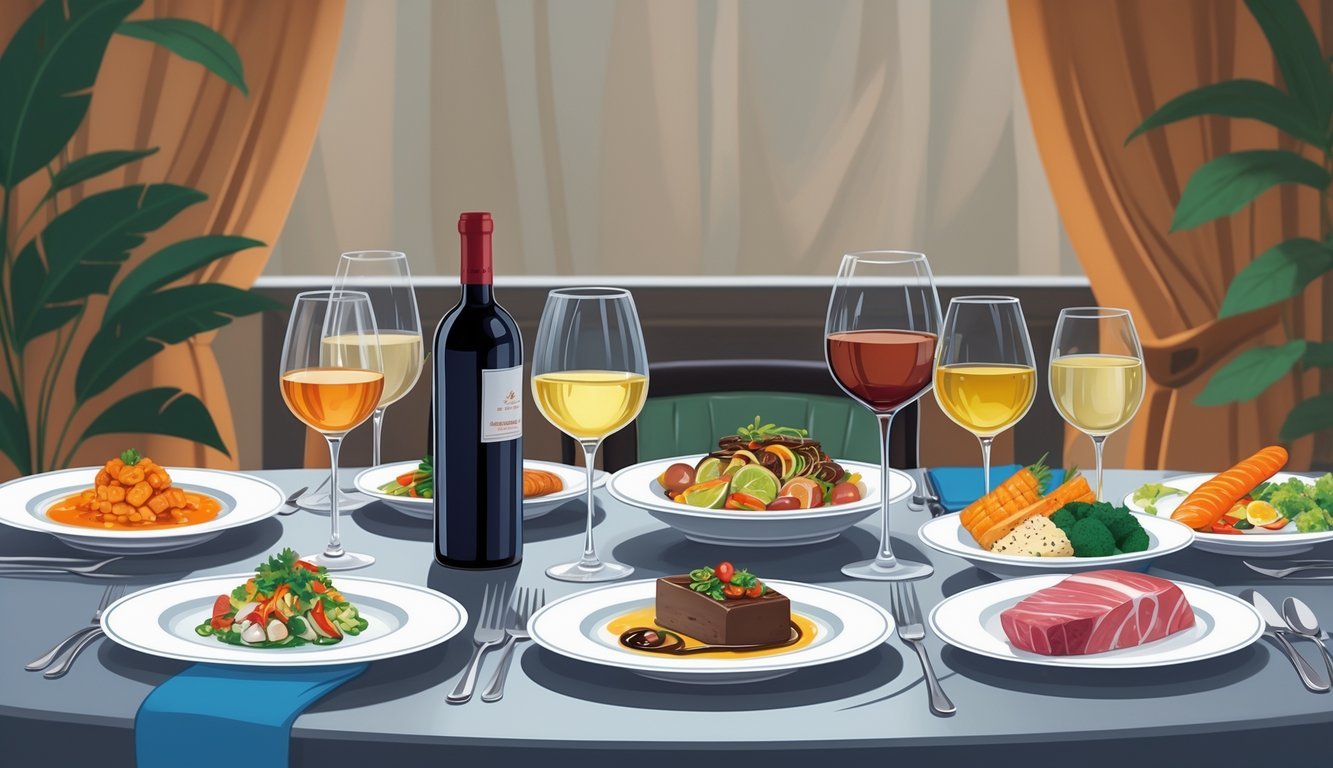 A dining table with seven plates of food each paired with a mismatched glass of wine, showing examples of poor wine and food pairings.