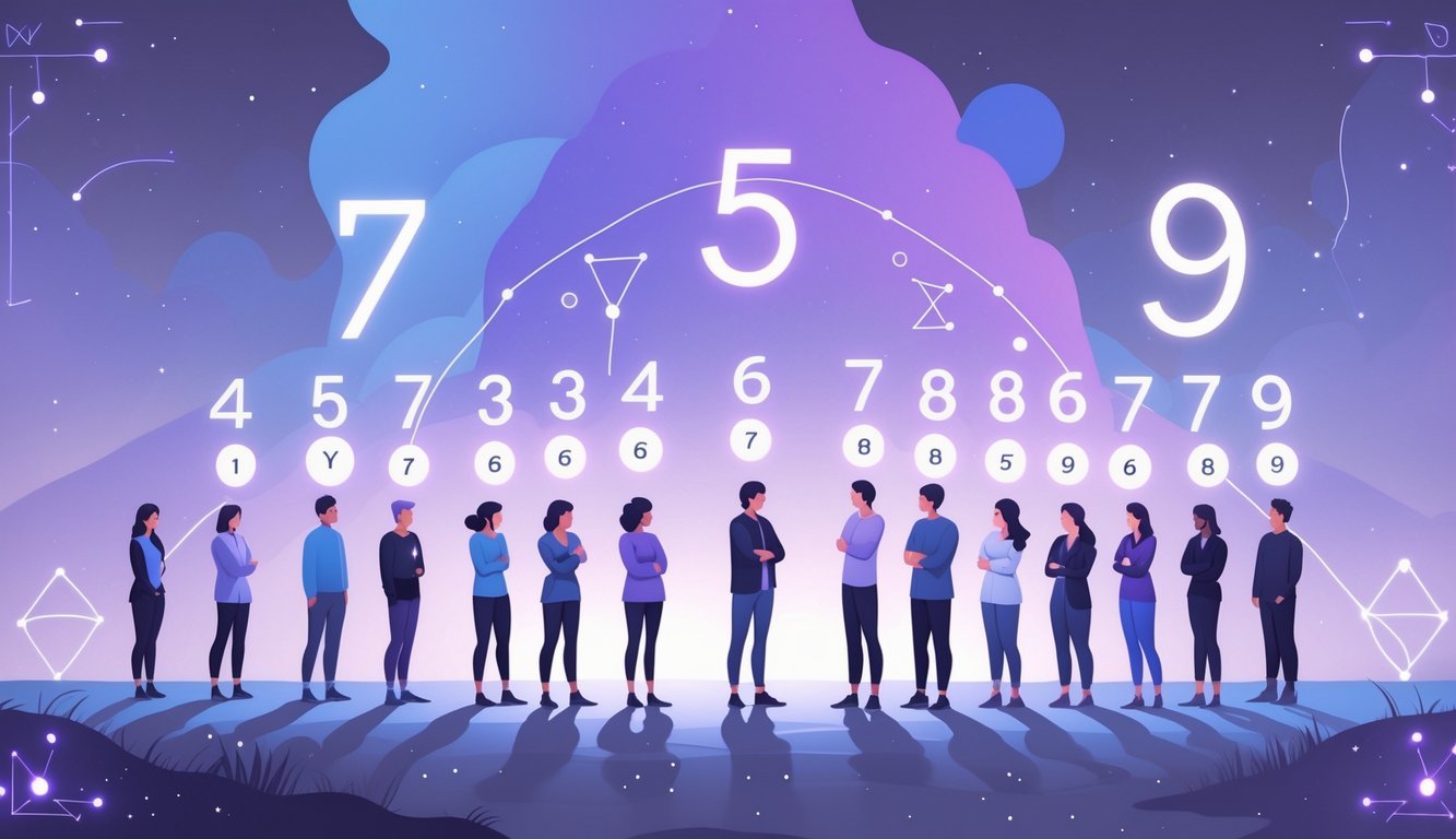 A group of people surrounded by glowing numbers floating around them, set against a mystical background with abstract shapes and symbols.