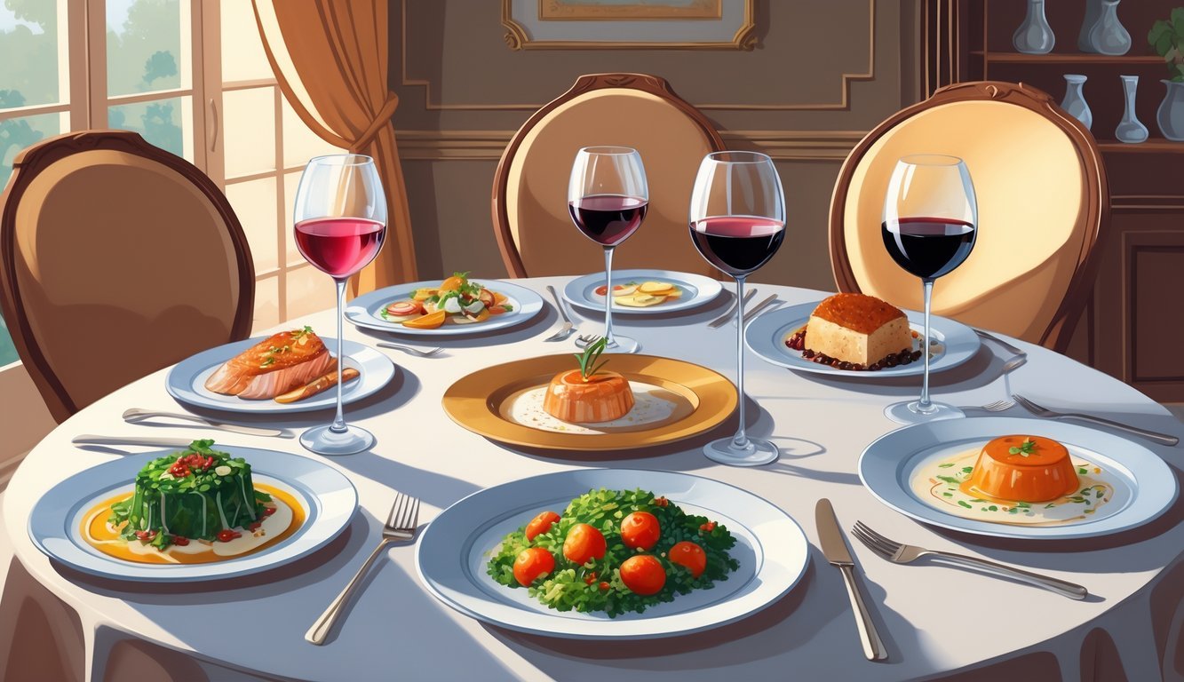 A dining table with seven plates each paired with a glass of wine showing mismatched food and wine combinations that can ruin a dinner.