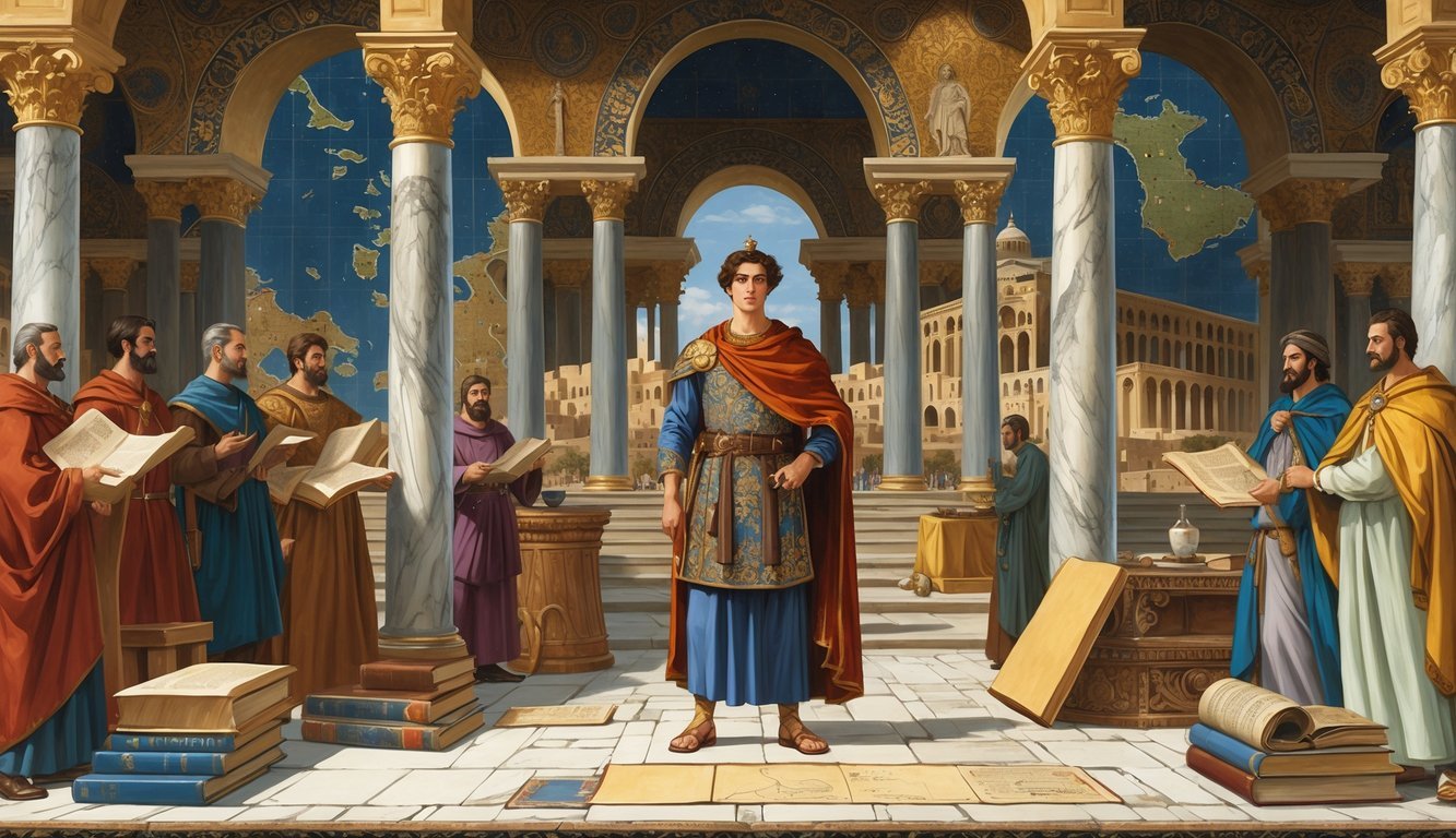 A young Justinian I in Byzantine palace surrounded by advisors, scrolls, a map, and the Hagia Sophia under construction.