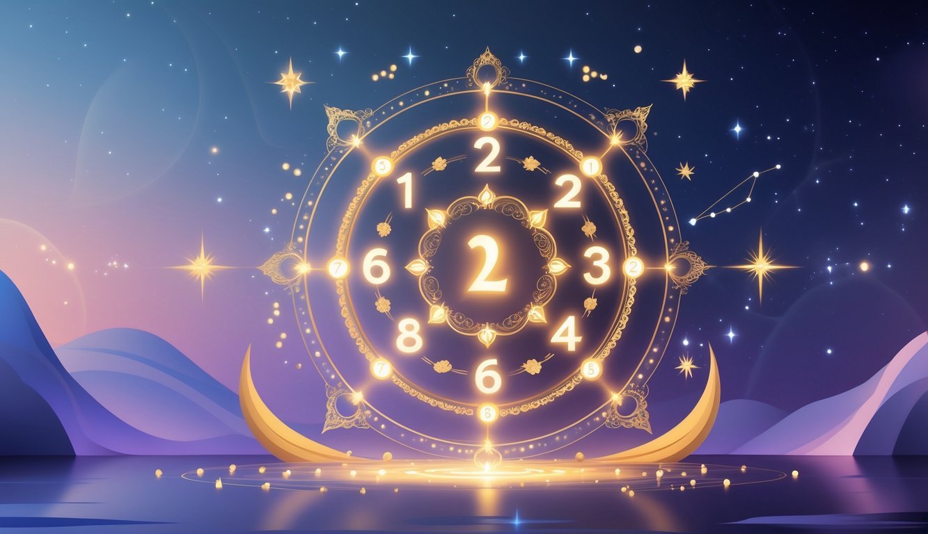 A glowing circular mandala with numbers 1 to 9 surrounded by stars and geometric shapes against a soft blue and purple background.
