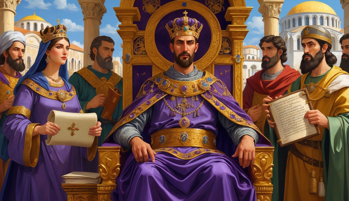 Emperor Justinian I seated on a throne with Empress Theodora and officials, with the Hagia Sophia and Byzantine cityscape in the background.
