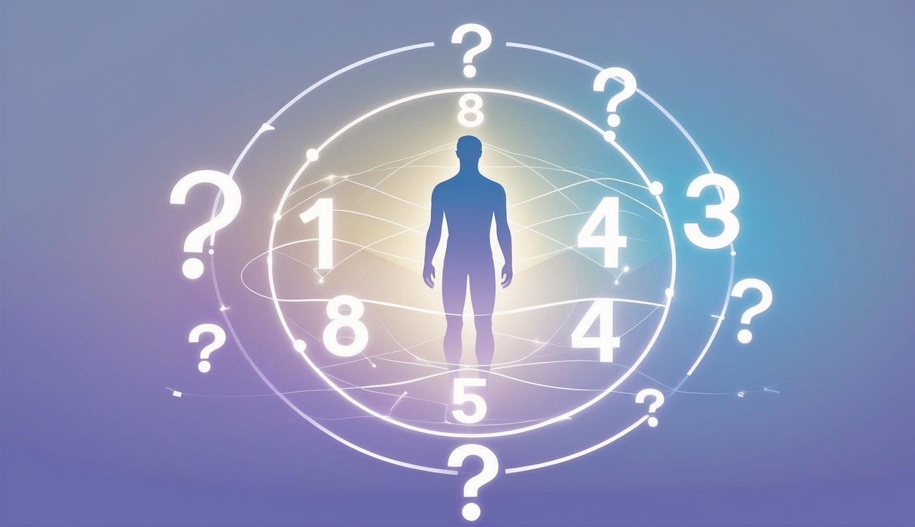 An abstract human figure surrounded by glowing numbers arranged in a circle with floating question marks around them.