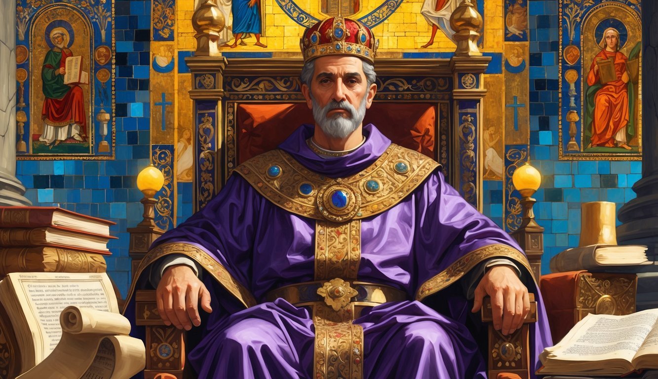 Emperor Justinian I seated on a decorated throne with Byzantine mosaics and symbols of law and architecture around him.