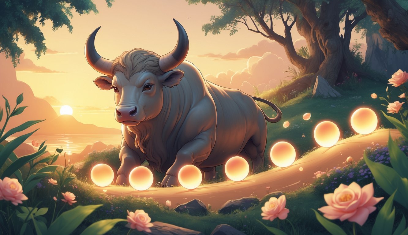 A majestic bull surrounded by blooming flowers and glowing orbs arranged in a spiral, set against a warm sunrise with natural and luxurious elements symbolizing patience and romance.