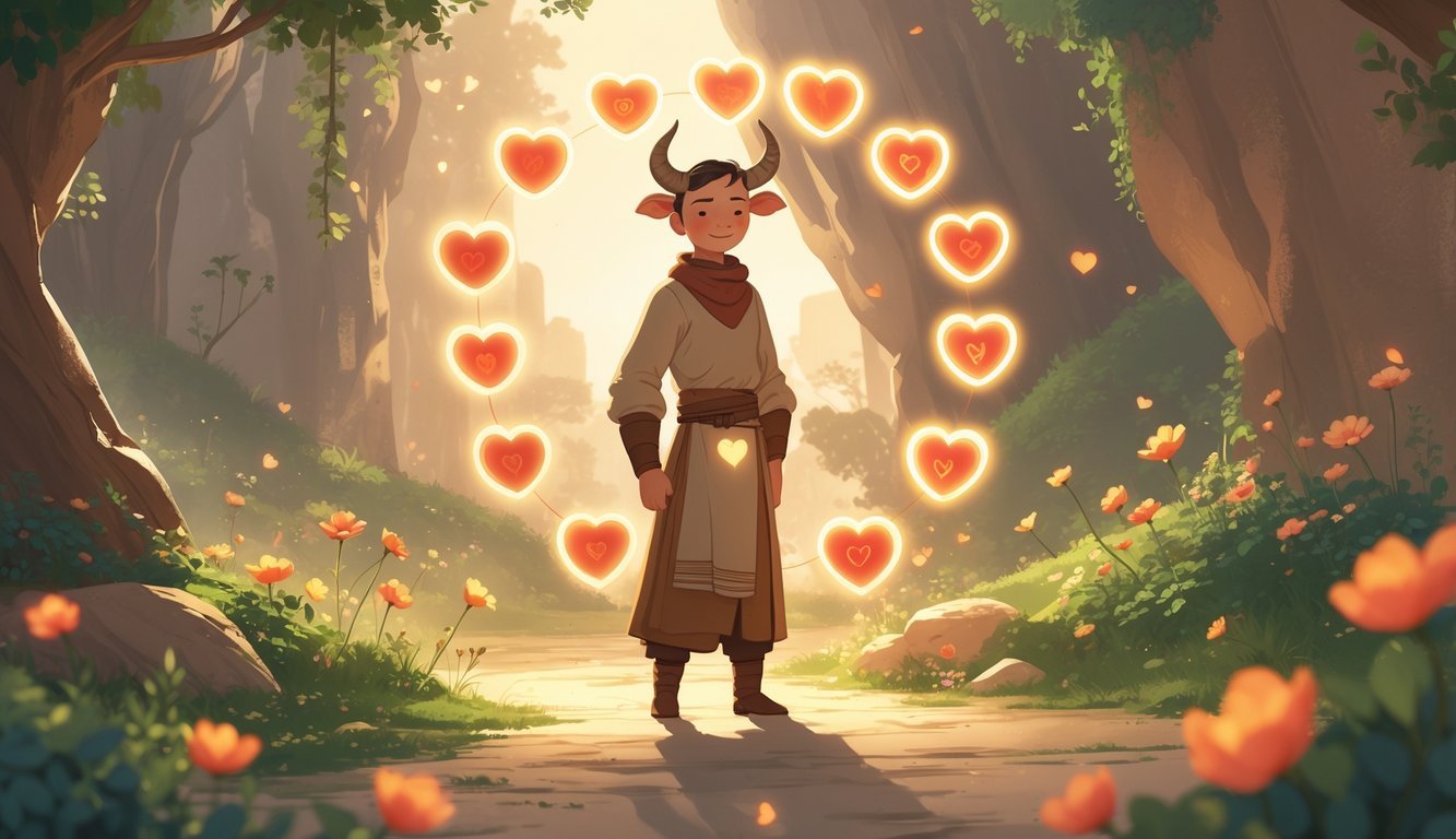 A warm scene showing a gentle Taurus figure surrounded by nine glowing heart symbols, set among blooming flowers and greenery.