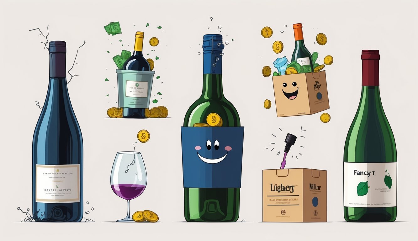 Six scenes showing comparisons between boxed wine and fancy bottled wine, highlighting convenience, value, ease of use, freshness, and social enjoyment.