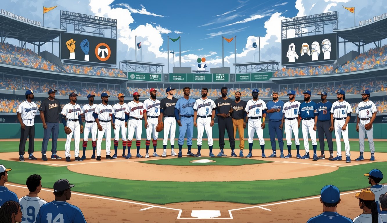 A diverse group of baseball players from different backgrounds and eras standing together on a baseball field with fans and symbols of social movements in the background.