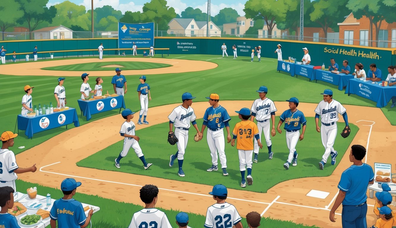 A group of baseball players and community members engaging in health screenings and educational activities near a baseball field, with children playing and families gathered in the background.