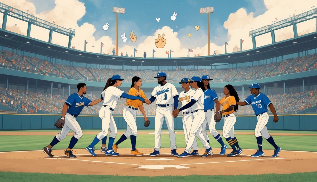 A group of diverse baseball players on a field showing teamwork and unity, with symbols of social issues subtly integrated into the background.
