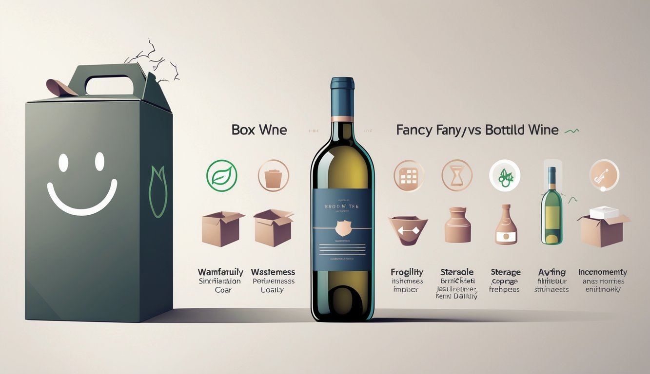 An illustration showing a box wine container on one side and a fancy glass wine bottle on the other, with six icons between them representing drawbacks of bottled wine.