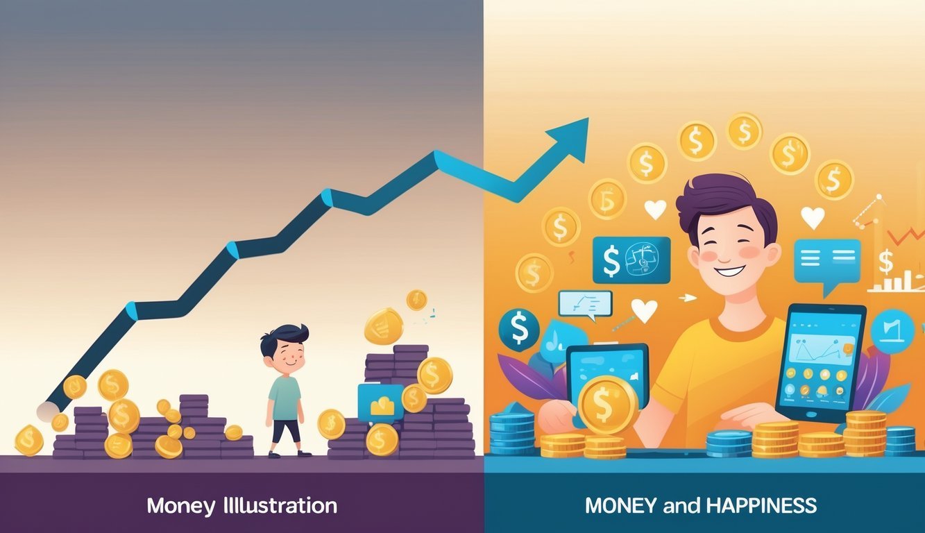 A person shown in two scenes: on the left, a simpler life with fewer possessions and moderate happiness; on the right, a modern life with more wealth and greater happiness.