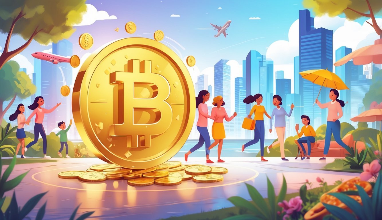 People enjoying happy moments like family time, travel, and good food with a city background and a glowing coin transforming into symbols of happiness.
