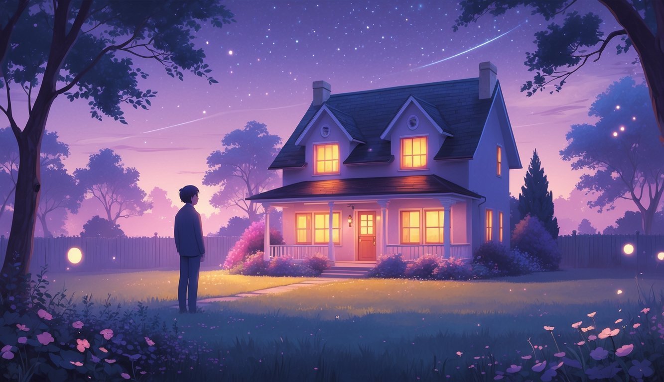 A cozy childhood home at twilight with glowing windows, surrounded by trees and flowers, and a faint figure standing nearby looking at the house thoughtfully.