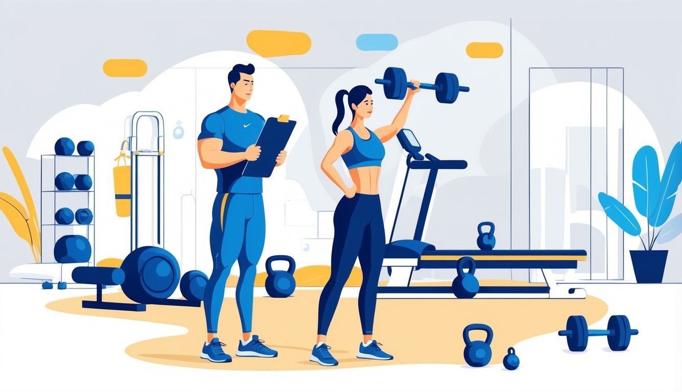 A personal trainer assisting a client in a gym with exercise equipment around them, surrounded by a subtle shield symbol representing protection.