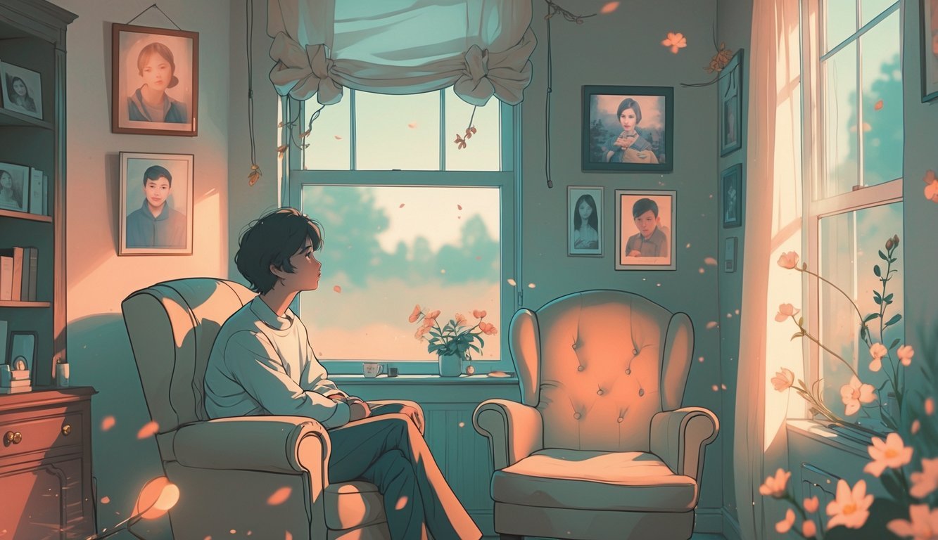 A person sitting quietly in a cozy room filled with nostalgic items, looking thoughtful as soft light fills the space.