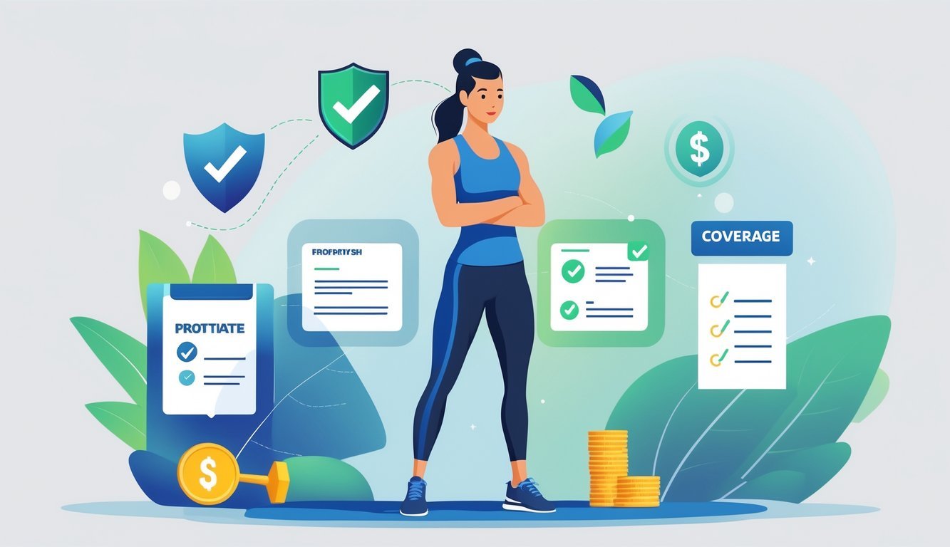A personal trainer standing confidently in a gym surrounded by icons representing insurance protection, costs, and important considerations.