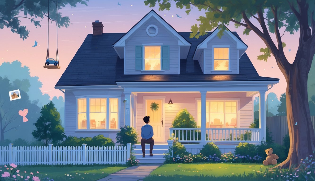 A person sitting on the porch steps of a cozy childhood home at dusk, surrounded by floating images of childhood memories.