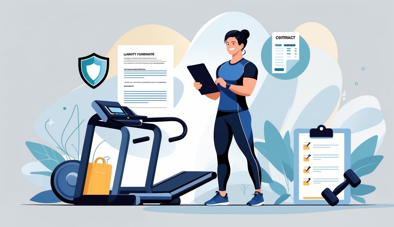 A personal trainer talking with a client in a gym, with icons of a shield, contract, and checklist nearby representing insurance concepts.