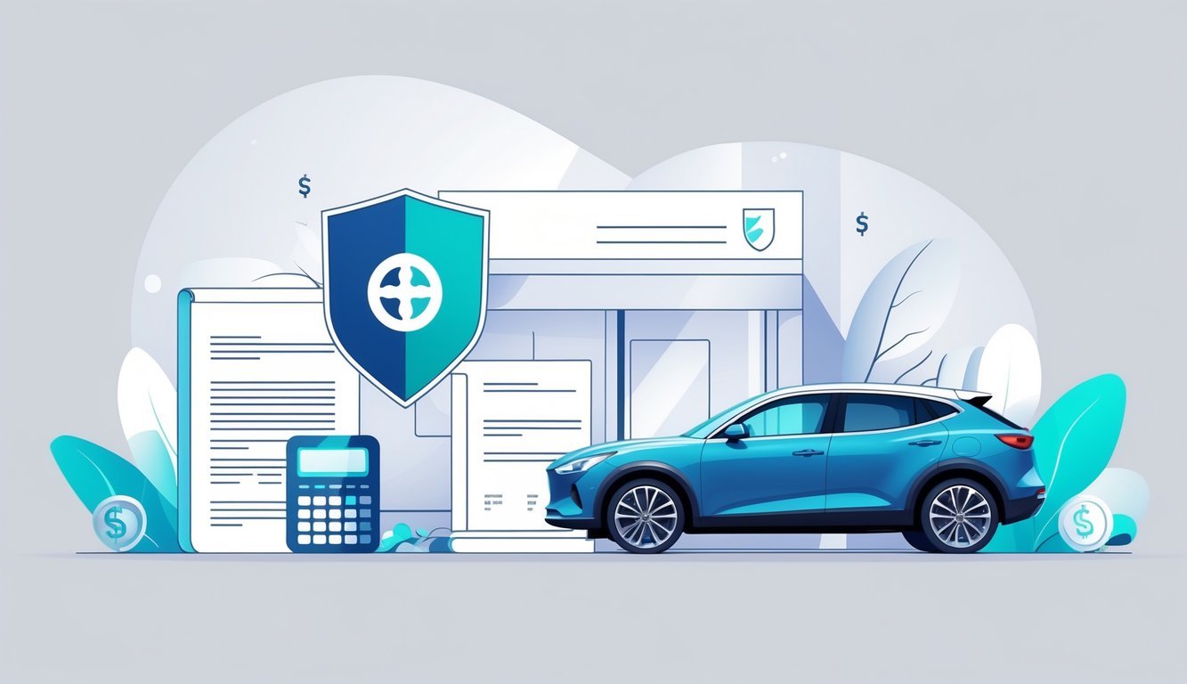 A leased car parked outside a dealership with a shield icon representing insurance coverage nearby, along with symbols of a contract and financial protection.