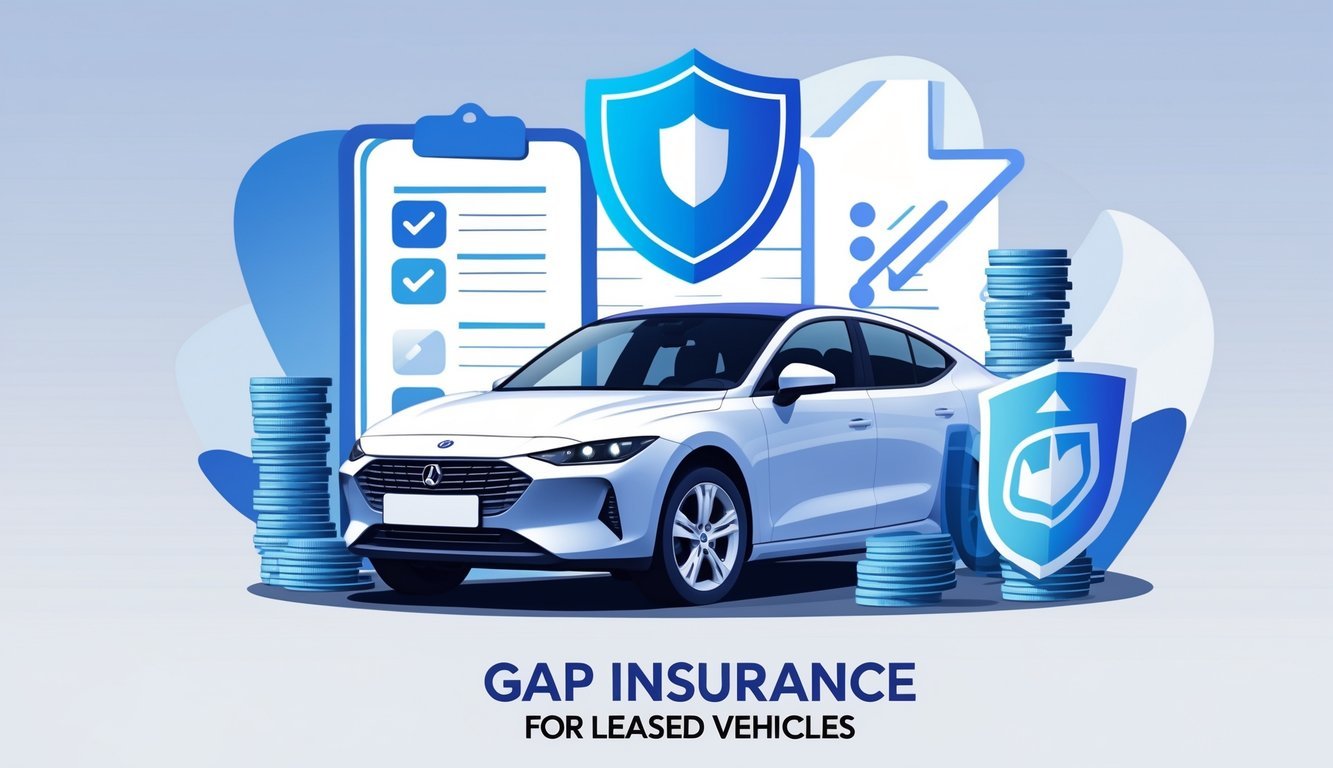 A leased car with icons representing protection, cost, and considerations arranged around it.