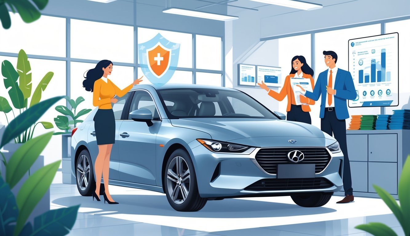 People discussing gap insurance for leased vehicles around a car in a bright dealership office.