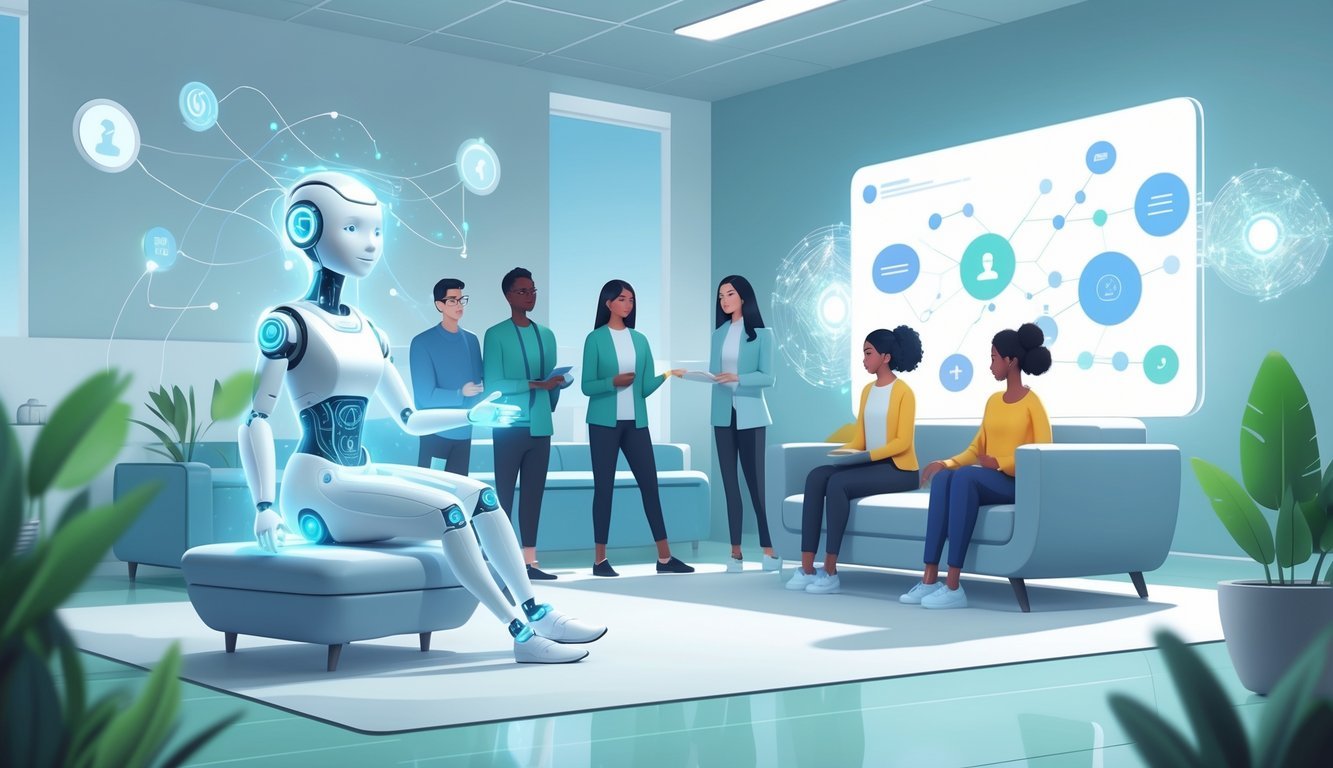 A person sitting on a couch interacting with a glowing humanoid AI assistant in a calm therapy room, surrounded by digital patterns symbolizing mental health support.