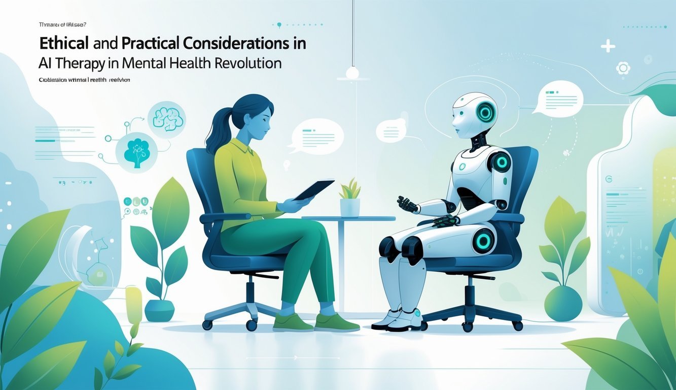 A human therapist and a humanoid AI robot sit together in a calm therapy room, engaged in a respectful conversation surrounded by abstract symbols of mental health and technology.