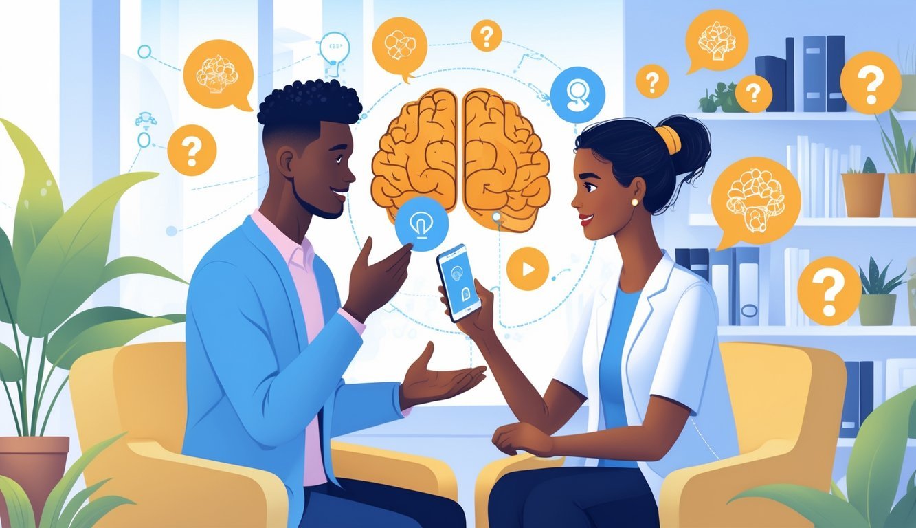 A therapist and patient having a supportive conversation in a bright office with holographic symbols representing AI and mental health questions around them.