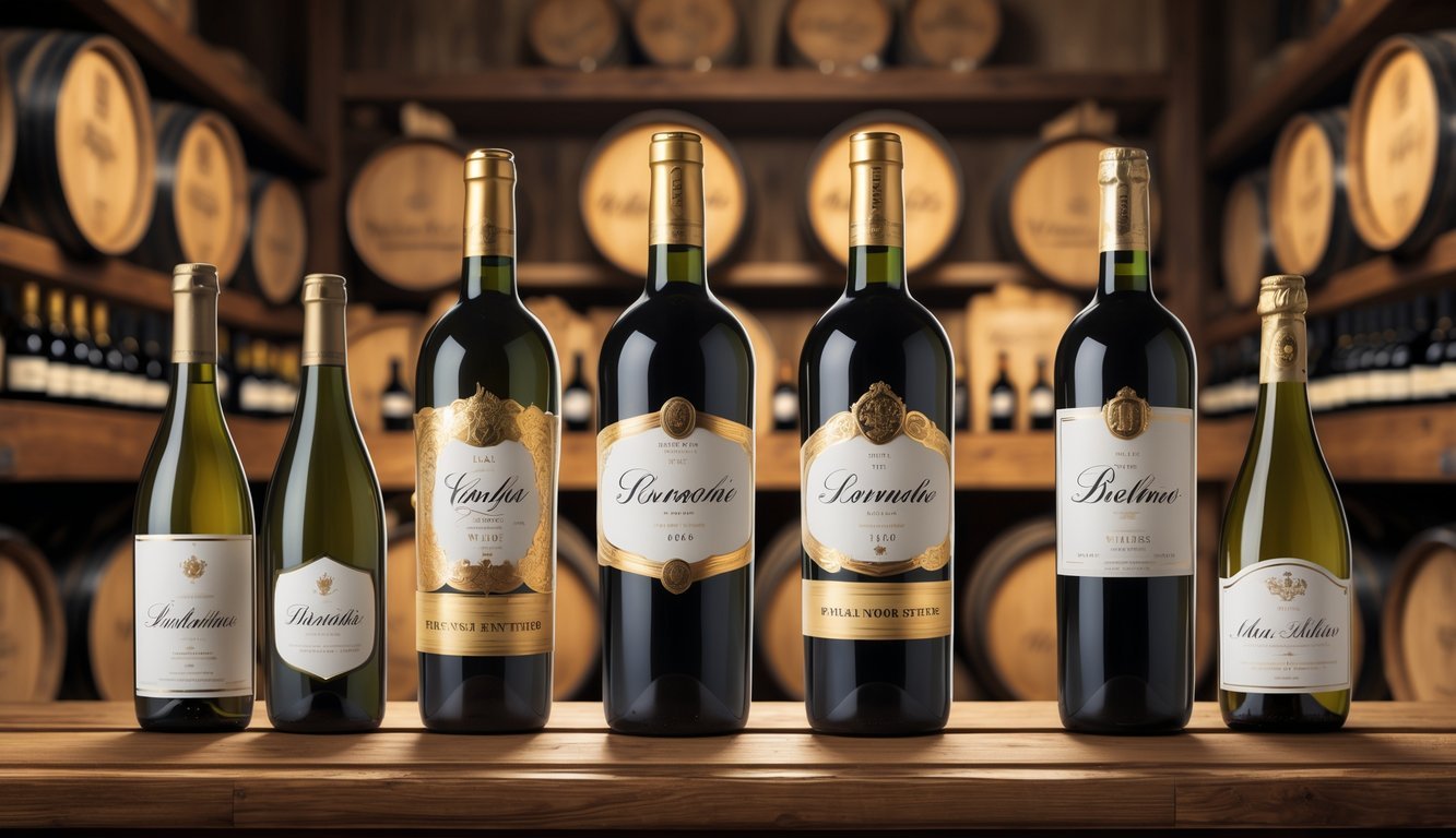Five premium wine bottles displayed on a wooden table with three smaller, simpler wine bottles beside them in a softly lit wine cellar.