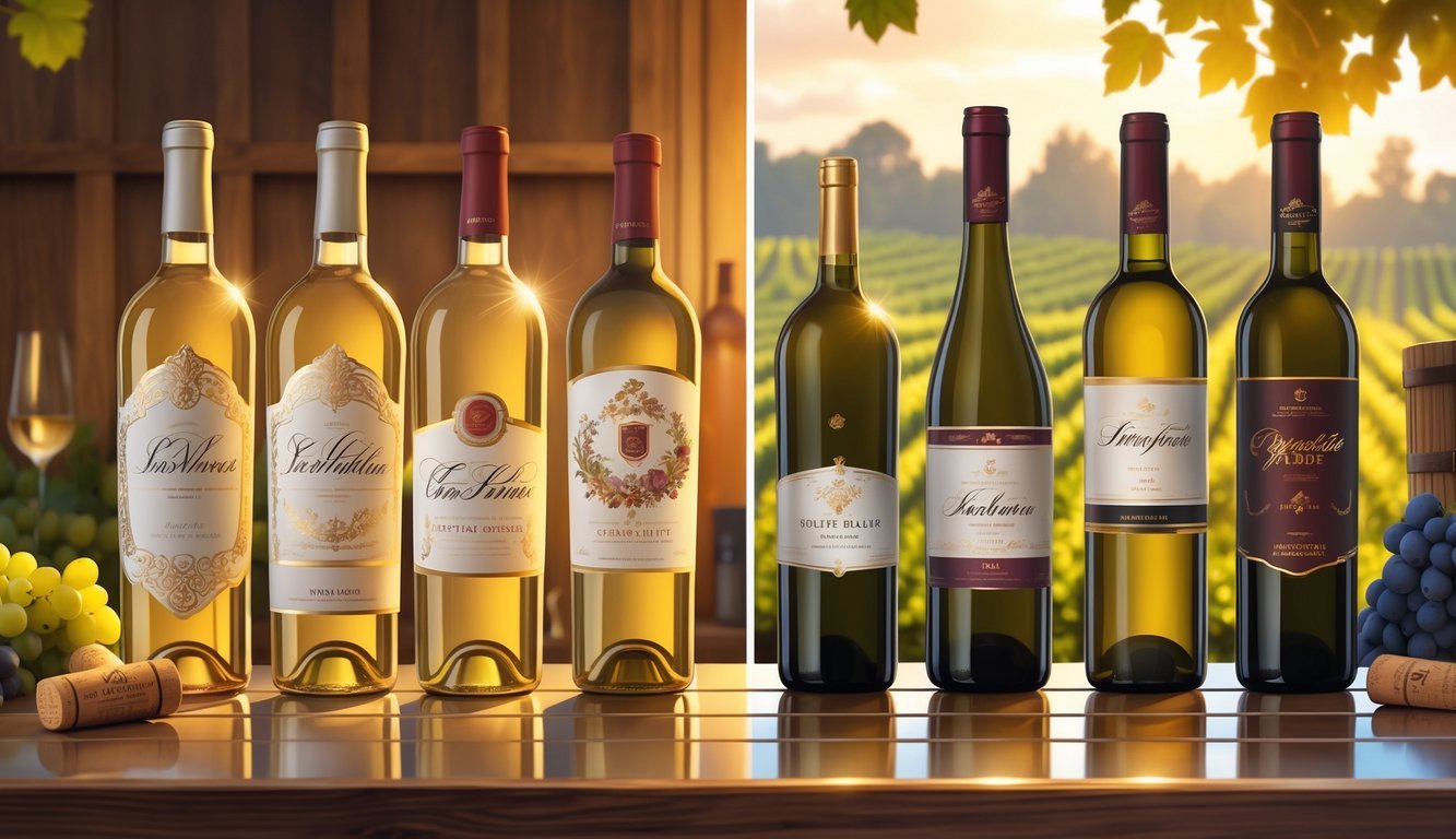 A scene showing five luxurious wine bottles on a polished table contrasted with three simpler wine bottles on a plain table, with grape clusters and wine barrels in the background.