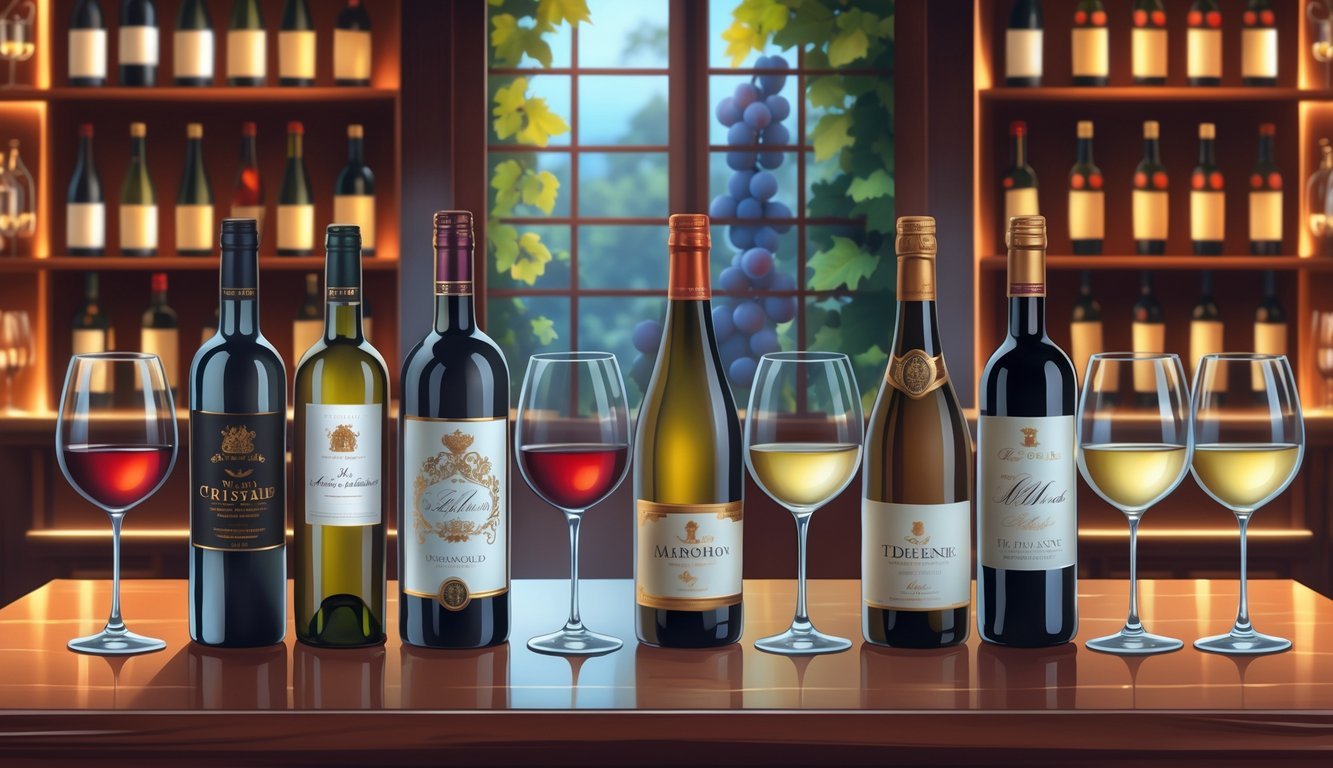 A wine tasting scene showing five premium wine bottles with glasses on one side and three simpler, affordable wine bottles with glasses on the other, set in a wine cellar with wooden shelves and warm lighting.