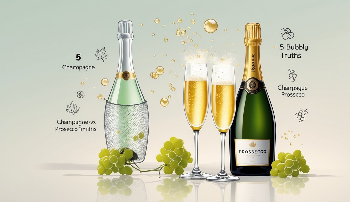 A champagne bottle and flute with sparkling bubbles in the foreground, surrounded by icons representing grapes, vineyards, and corks, with a prosecco bottle and glass blurred in the background.