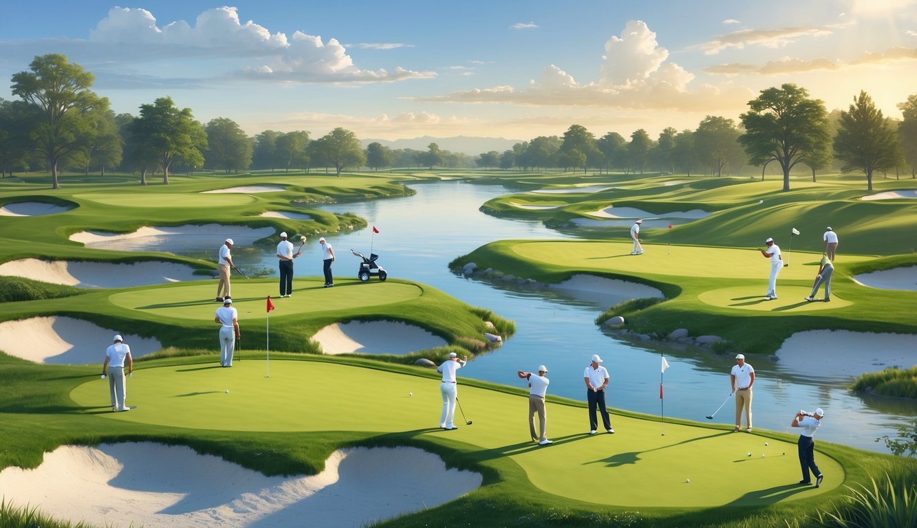 A golf course scene showing groups of golfers playing different types of golf games, including stroke play, match play, foursomes, and four-ball, with green fairways, sand bunkers, and flagsticks.