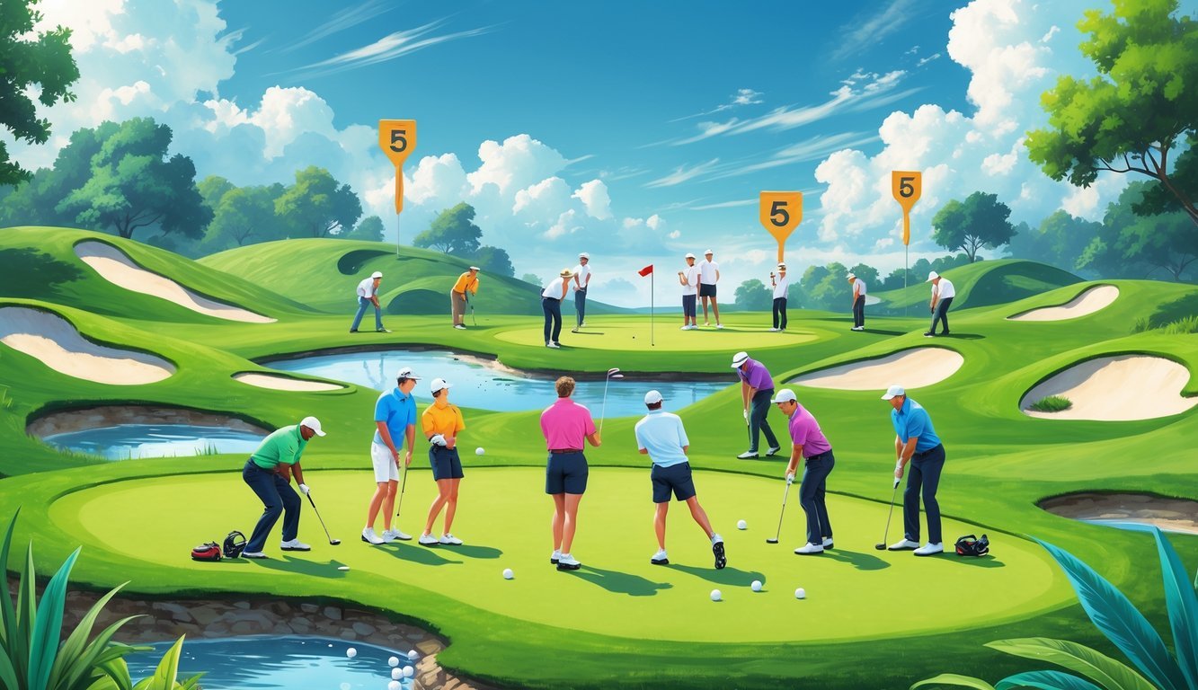 A golf course with several groups of people playing different types of golf games, including team play, putting challenges, and competitive matches.