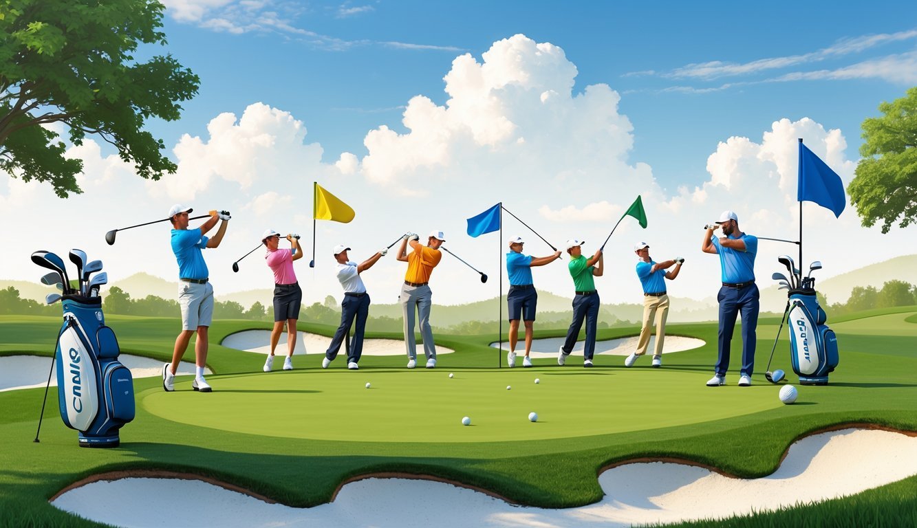 Golfers playing different types of golf games on a green golf course with various equipment and players in action.